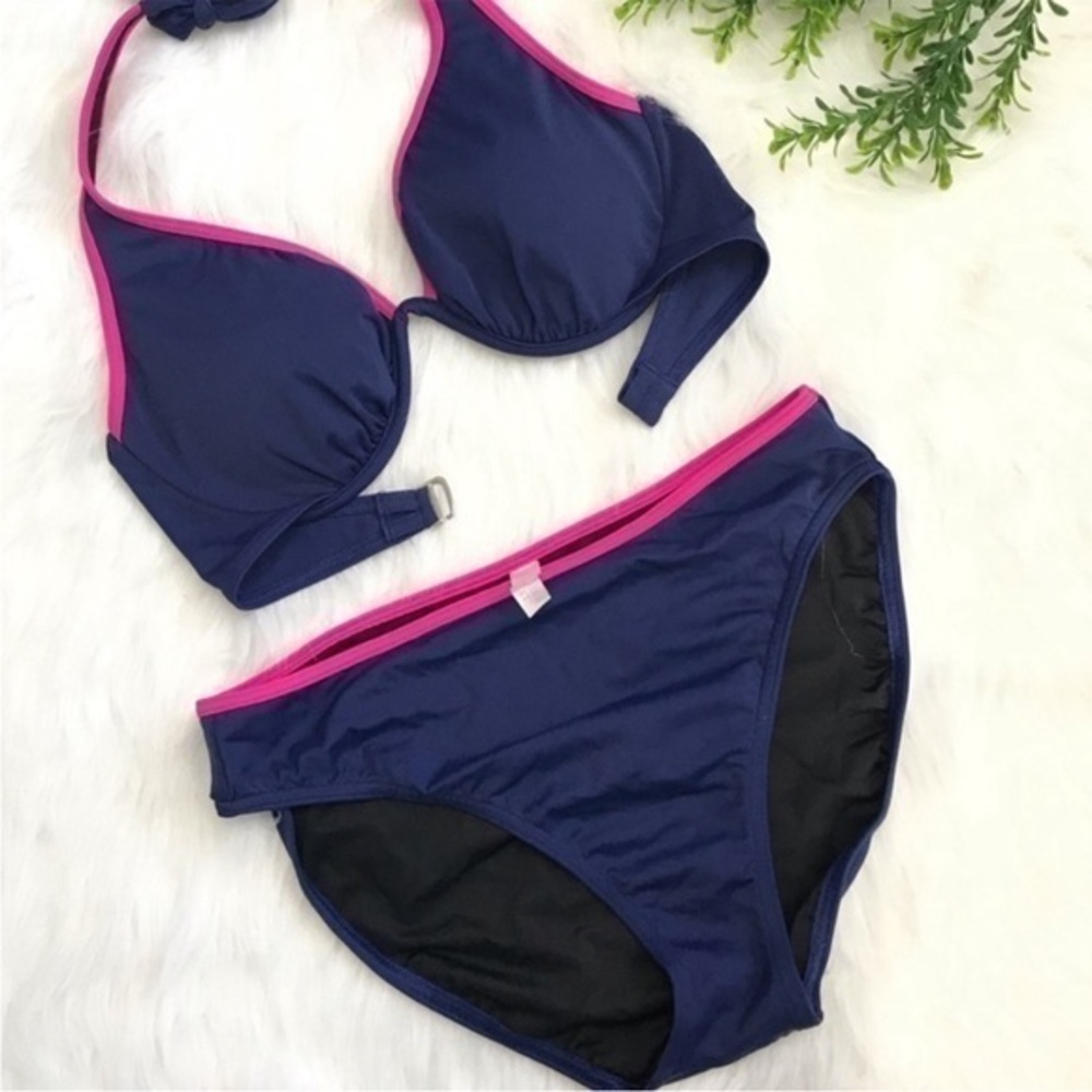 Victoria Secret Vintage Navy & Hot Pink Halter Bikini with underwire padding 34c